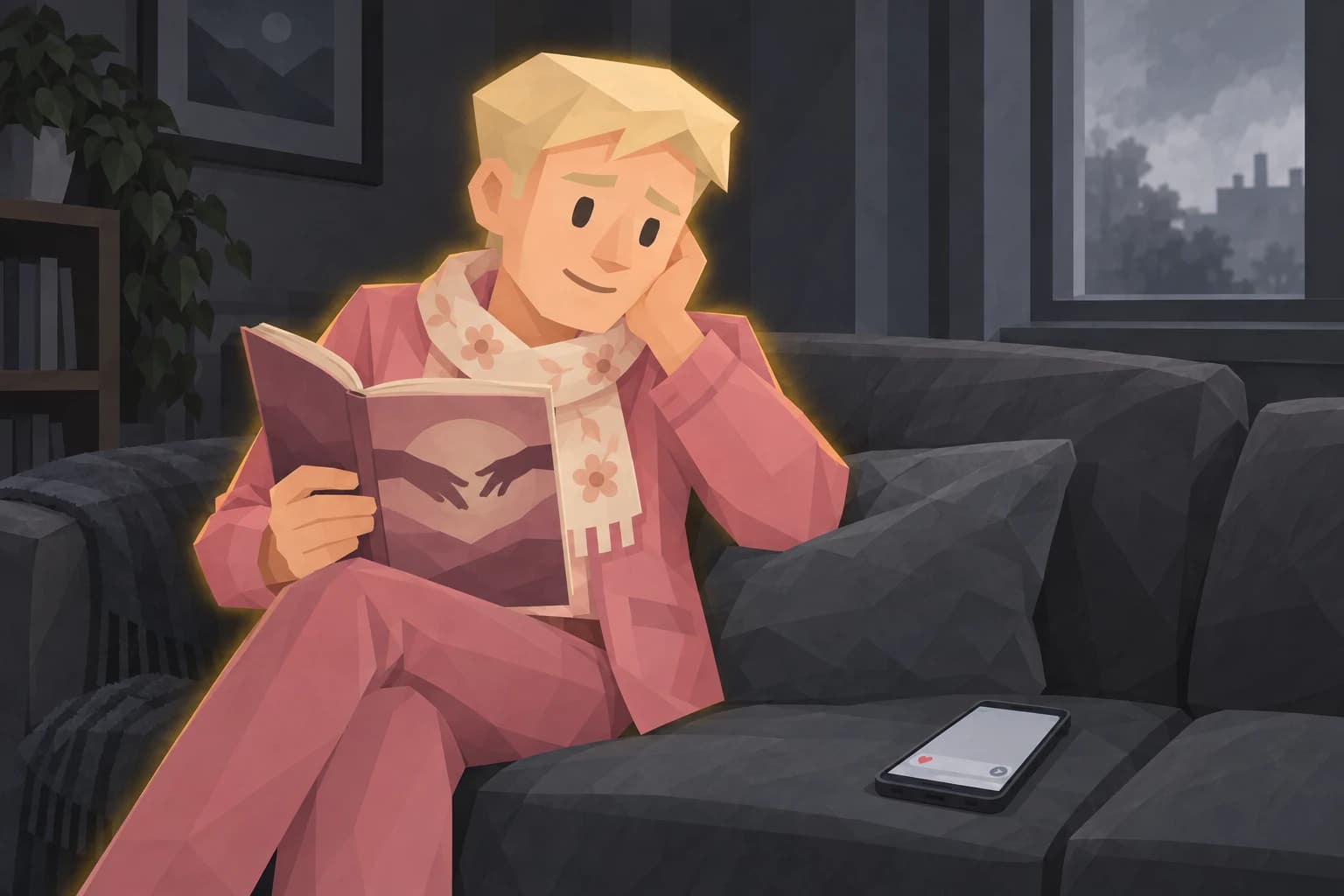 Aide reads a romance novel on a grey sofa while an unsent message waits on his phone, surrounded by a gold aura.
