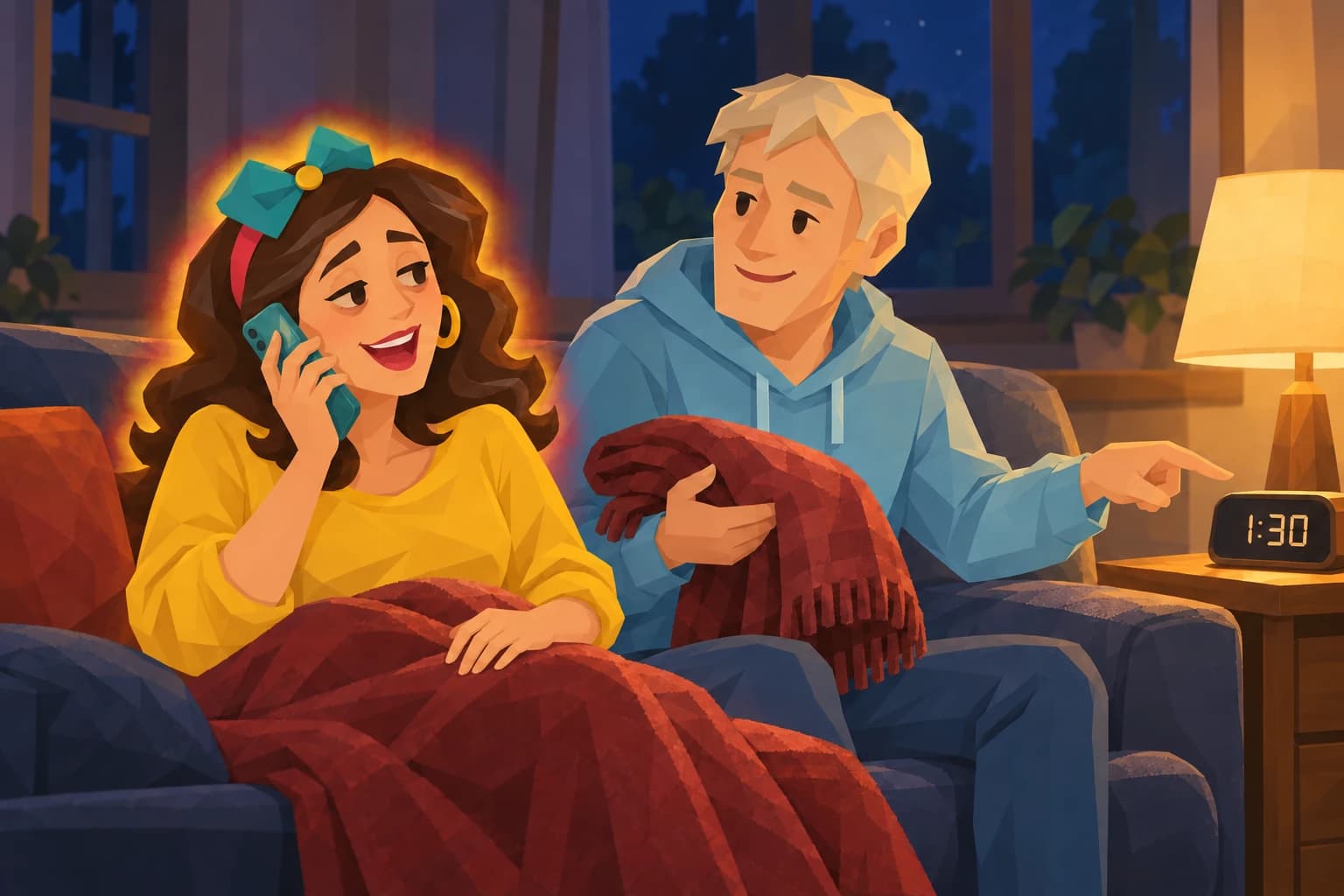 Tired Spark continues a late-night phone conversation while Consul offers a blanket and points toward the clock.