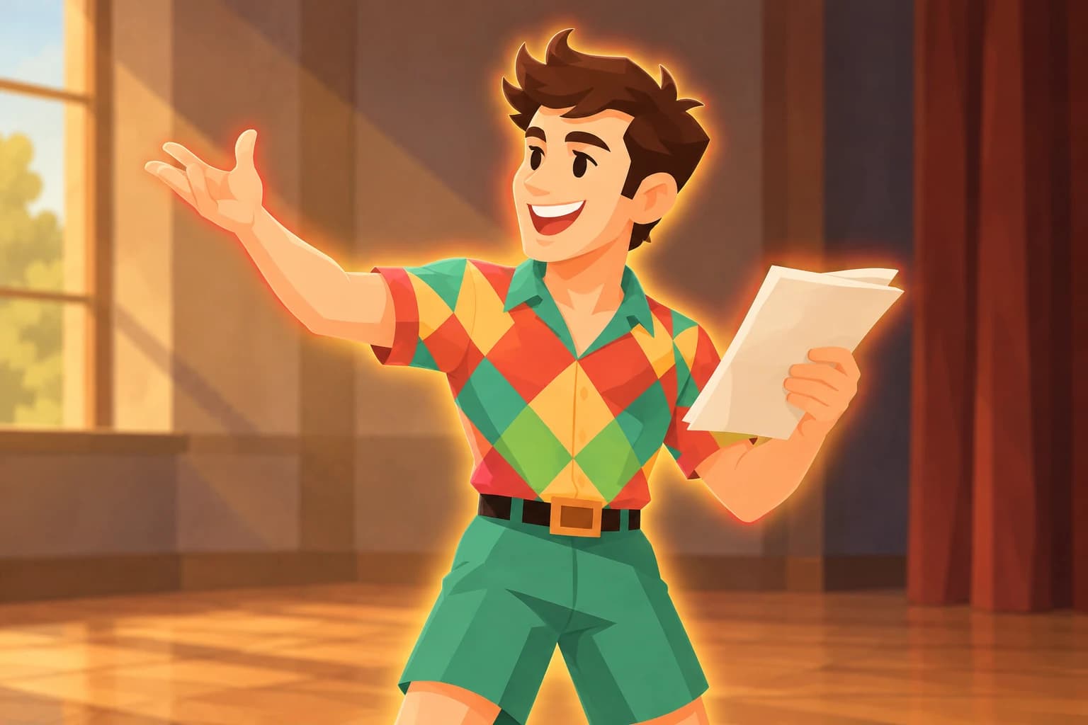 Spark rehearses a theatrical gesture while holding a script, surrounded by a gold aura edged in red.