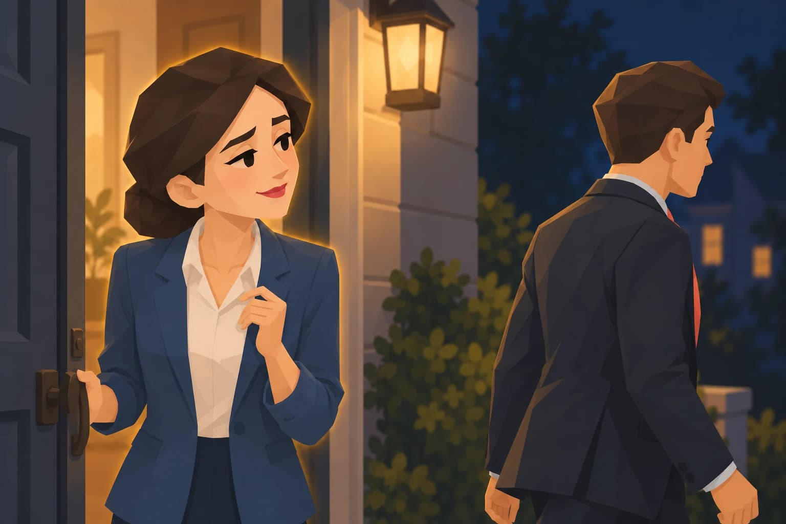 Purist hesitates at her open door while Trailblazer walks away without looking back.
