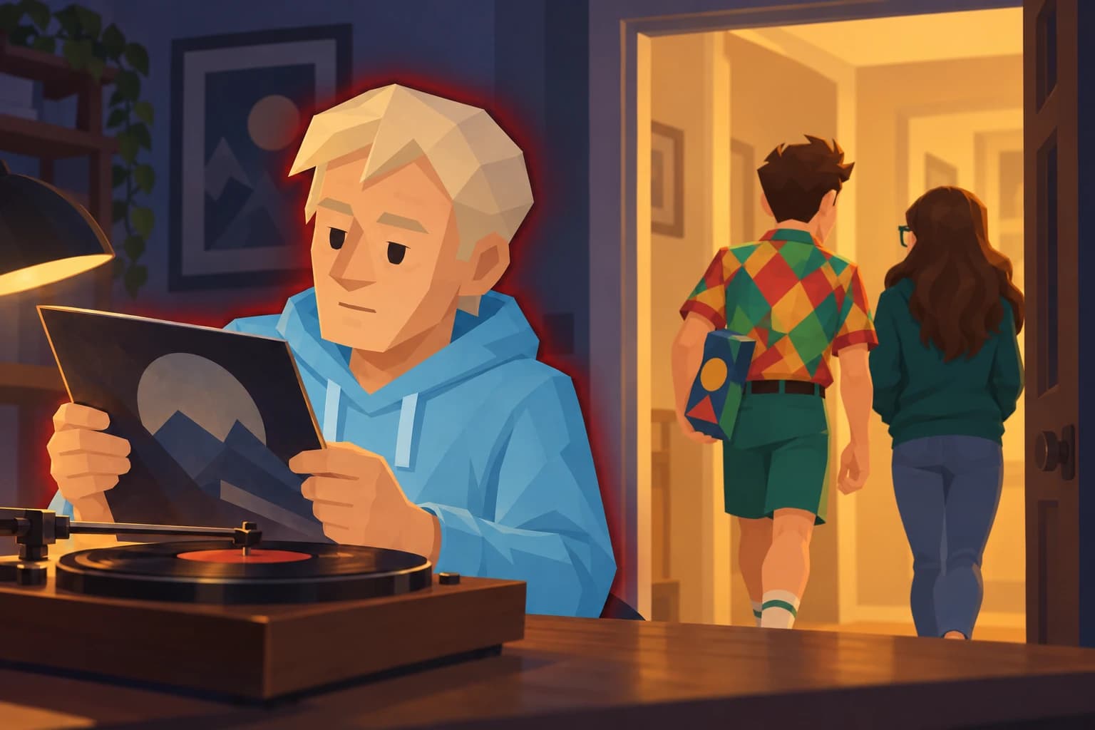 Consul studies a record with a neutral expression while Spark and Scholar walk away down the hallway carrying a board game.
