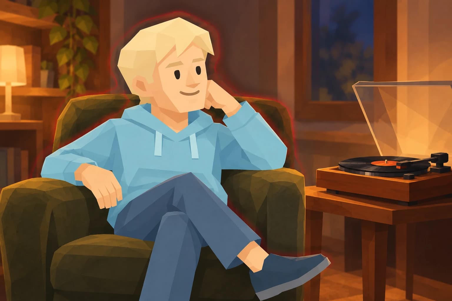 Consul relaxes in an armchair beside a record player, with a charcoal aura edged in red.