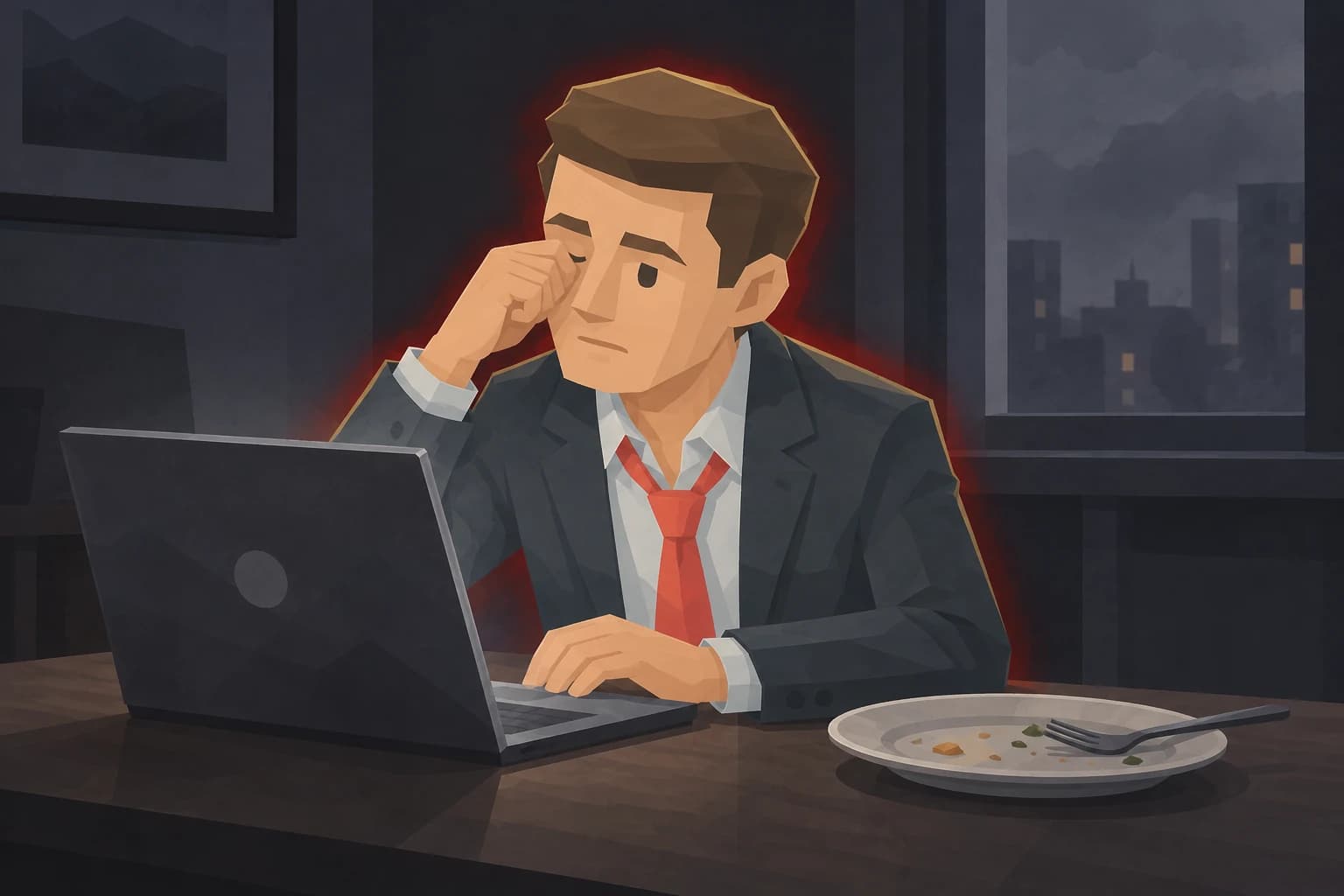Trailblazer rubs a tired eye at his laptop beside a plate with food remnants, surrounded by a red and gold aura.