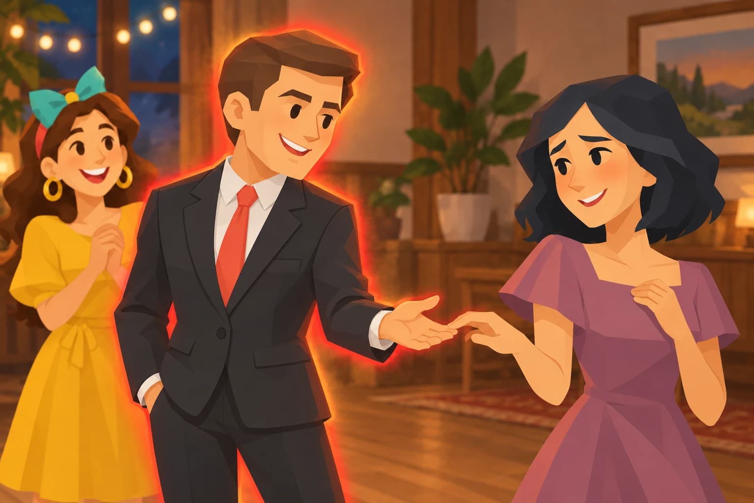 Trailblazer offers Muse his hand to dance while Spark smiles nearby. A red aura with a softer gold glow surrounds Trailblazer.