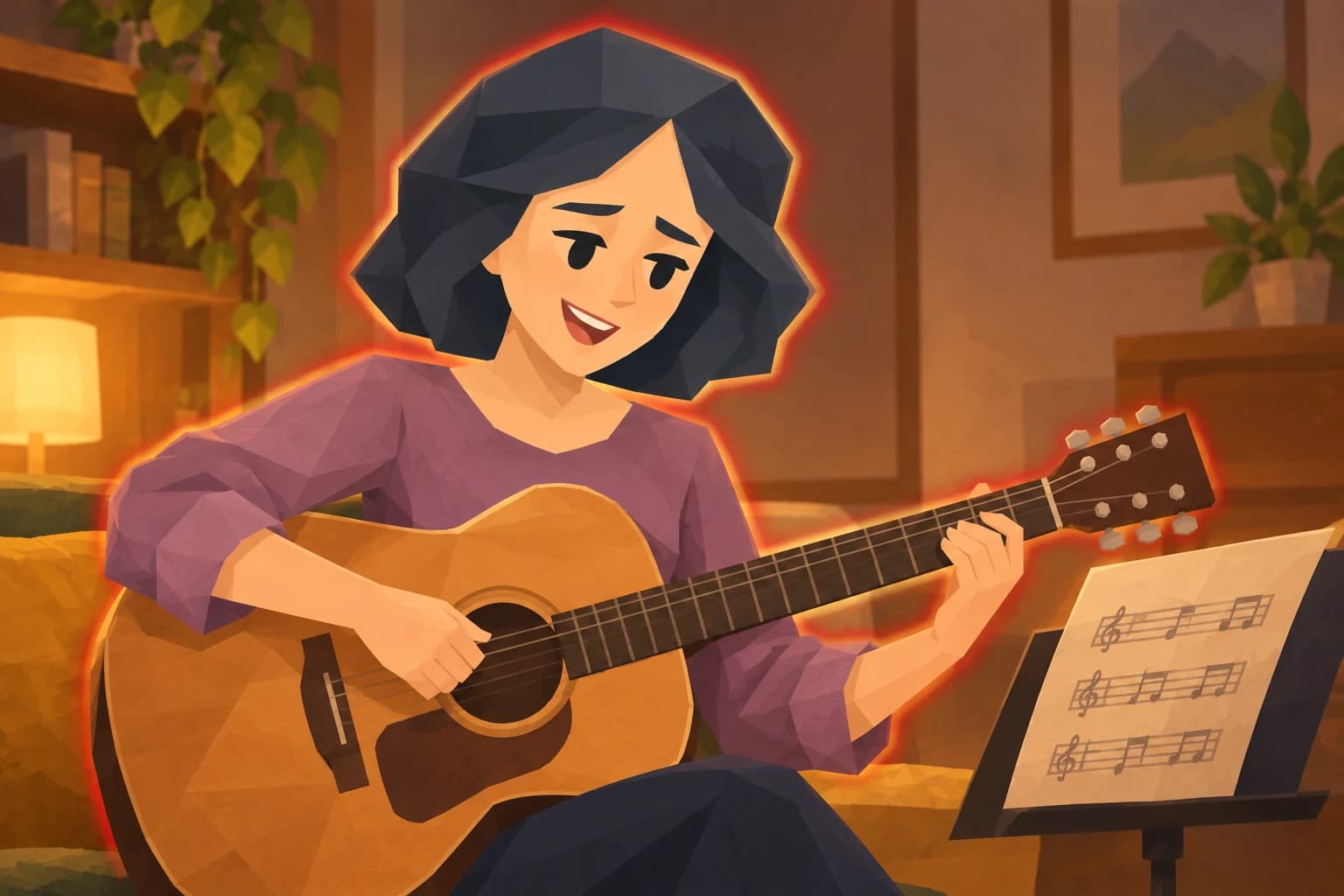 Muse practises acoustic guitar beside a music sheet, surrounded by a red aura edged in gold.