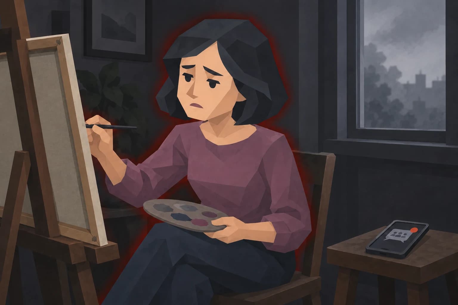 Muse paints beside a phone with an unread group message in a dim grey studio, surrounded by a red aura.