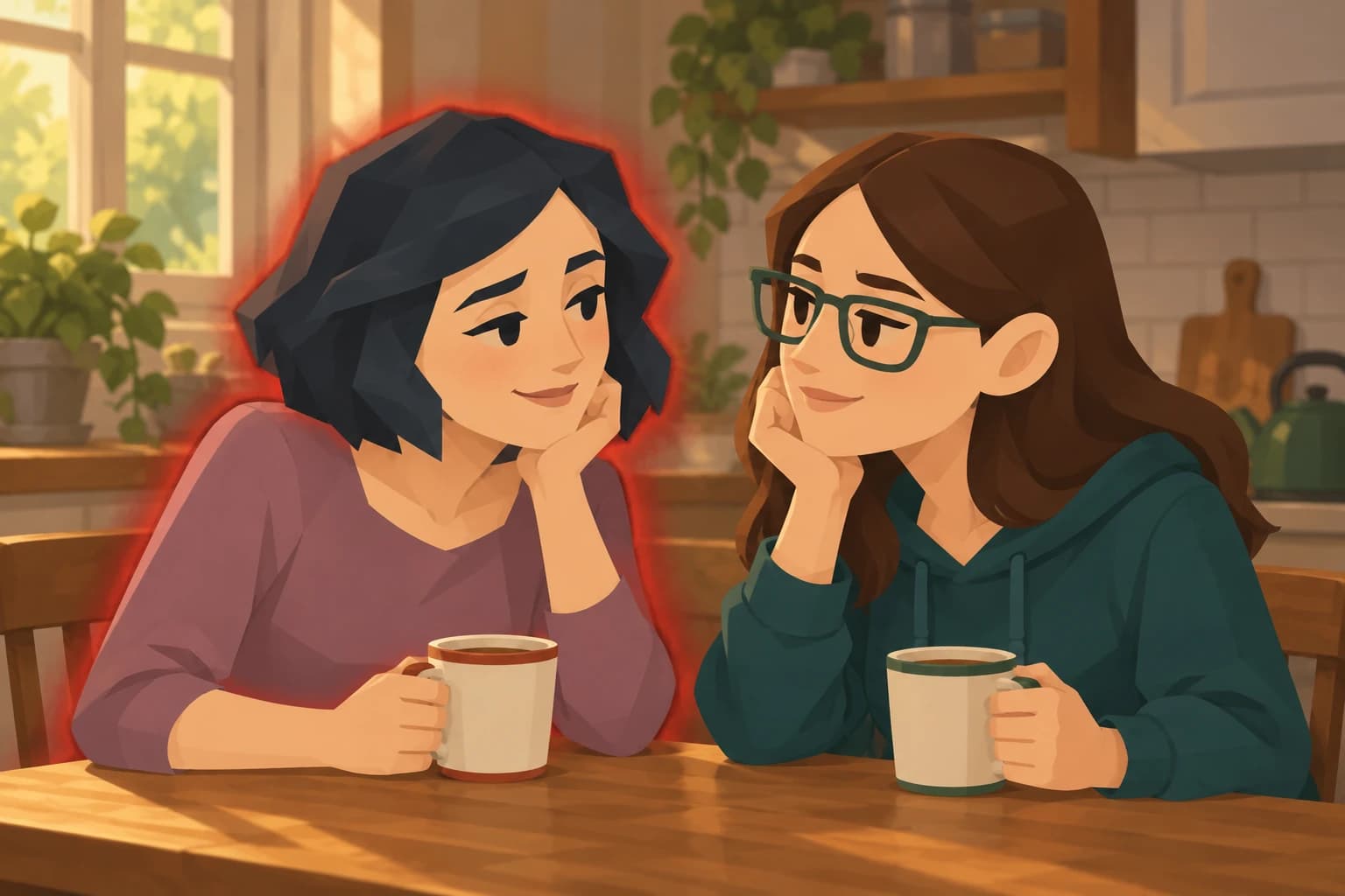 Muse and Scholar share an affectionate gaze over warm drinks at a kitchen table. A red aura surrounds Muse.
