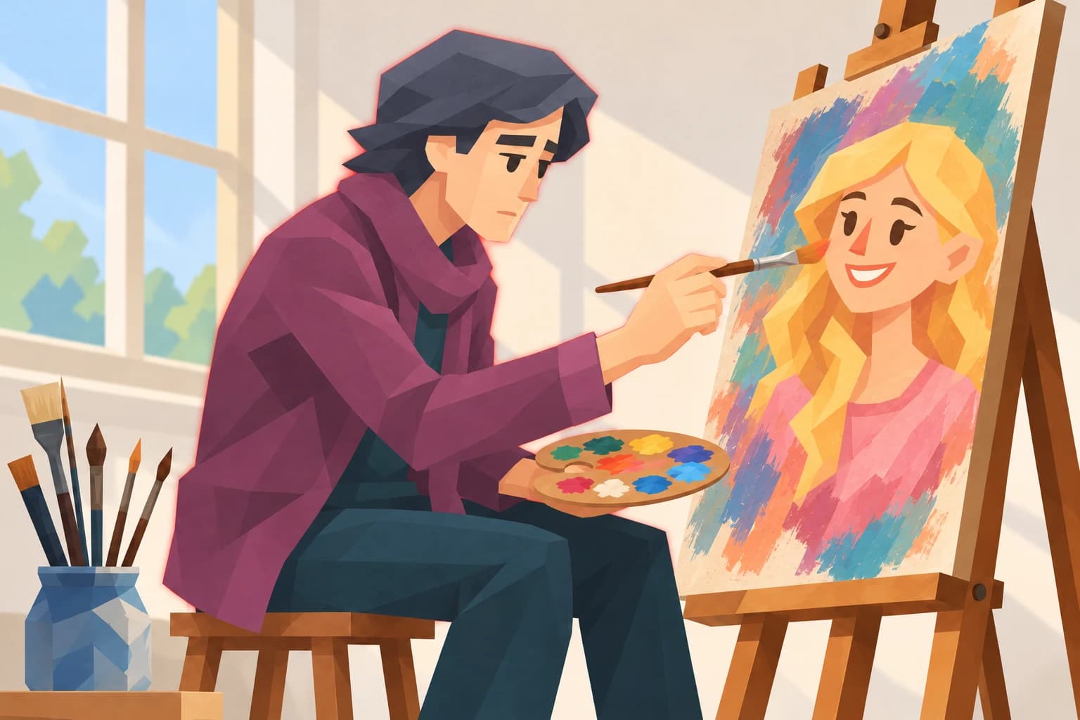 Muse sits side-on at an easel, painting a colourful portrait of his lover in daylight, surrounded by a subtle red and charcoal aura.