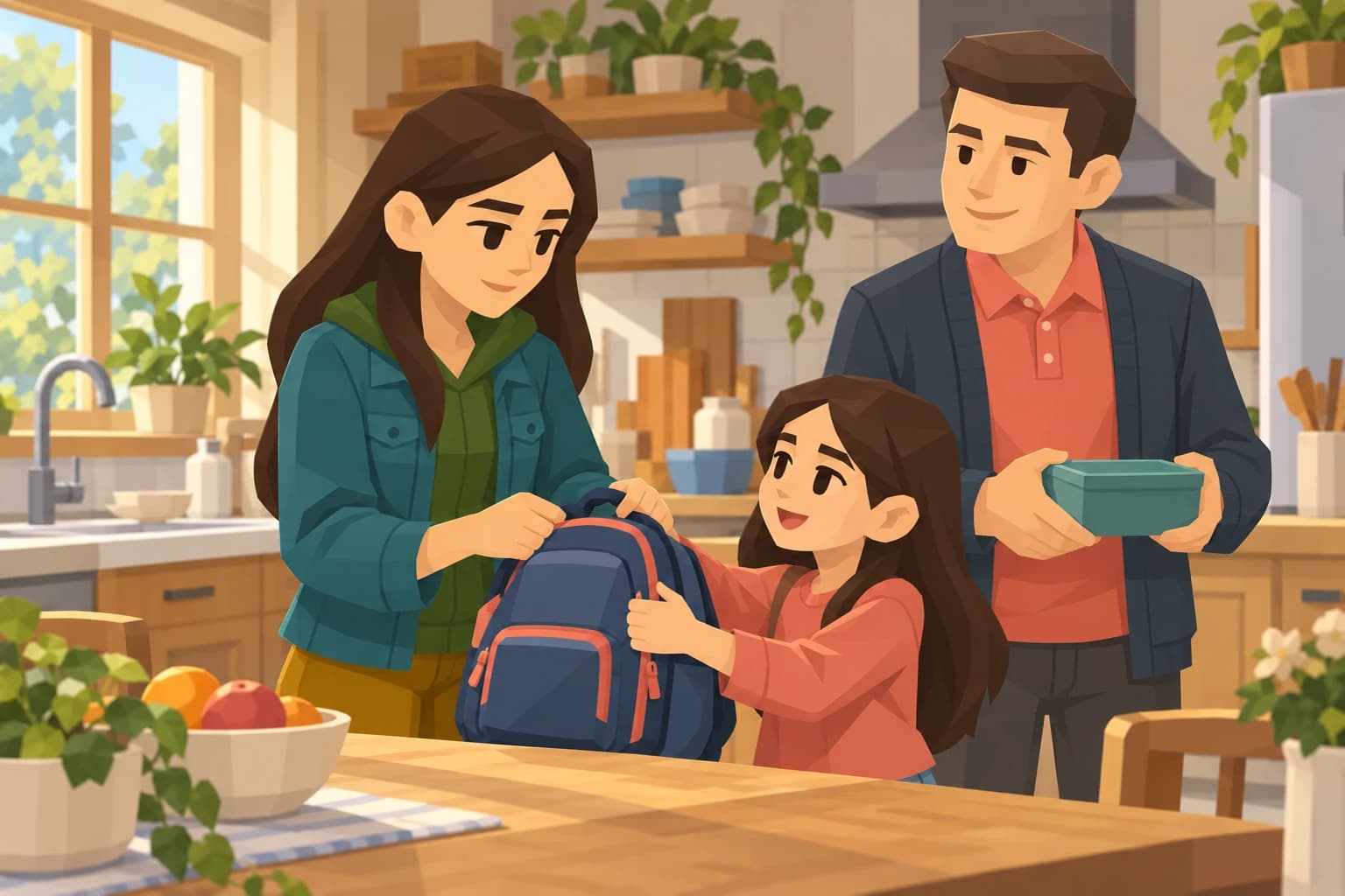 The Pragmatist hands her child a backpack while her Type 3 partner holds a lunchbox.