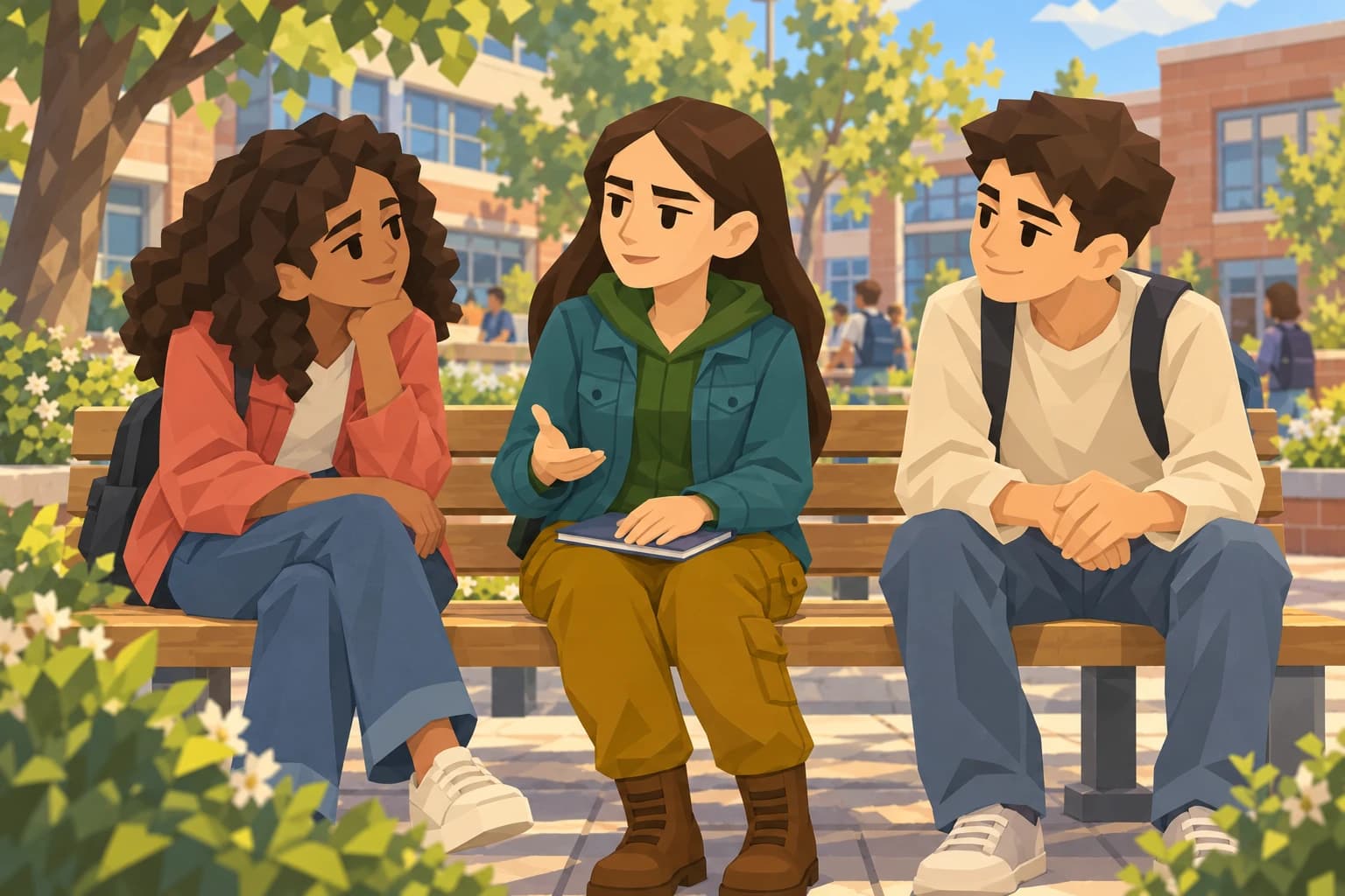 The teenage Pragmatist shares her view with two friends in the school courtyard.