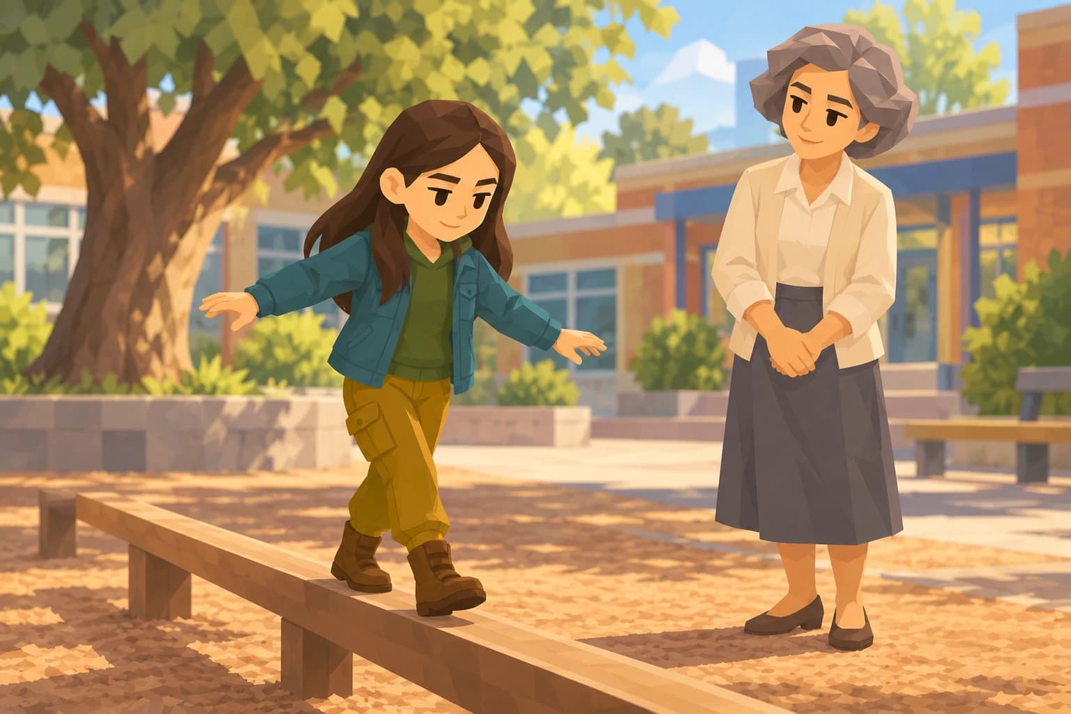 The young Pragmatist walks along a low playground balance beam while her teacher watches nearby.