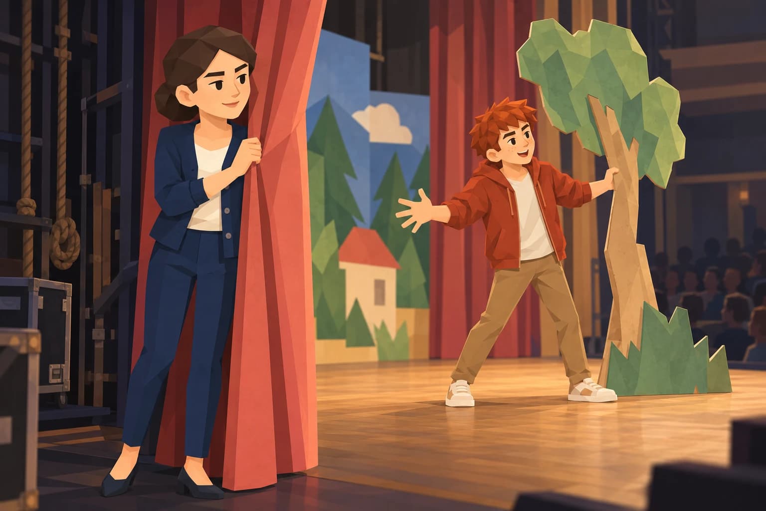The teenage Purist holds a backstage curtain while a friend performs with a paper-tree prop.
