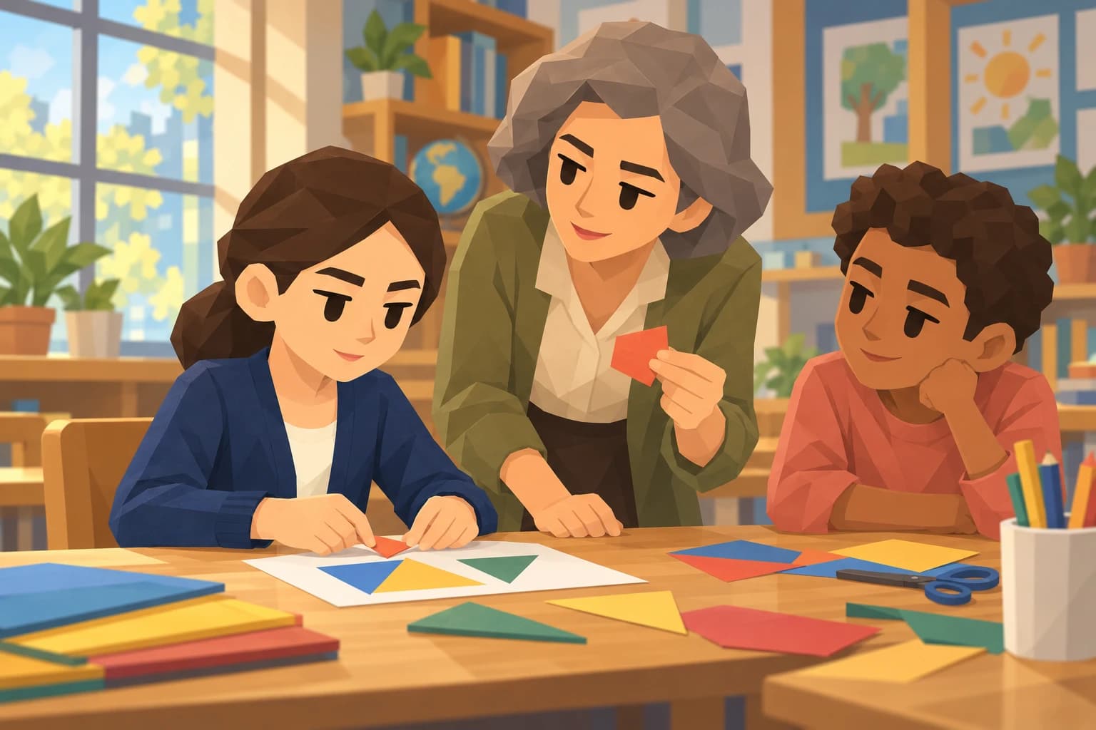 A brunette girl arranges paper shapes with an older teacher and a classmate.