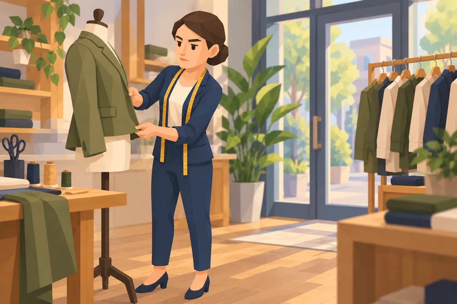 The Purist adjusts an olive jacket on a dress form in a sunlit alteration shop.