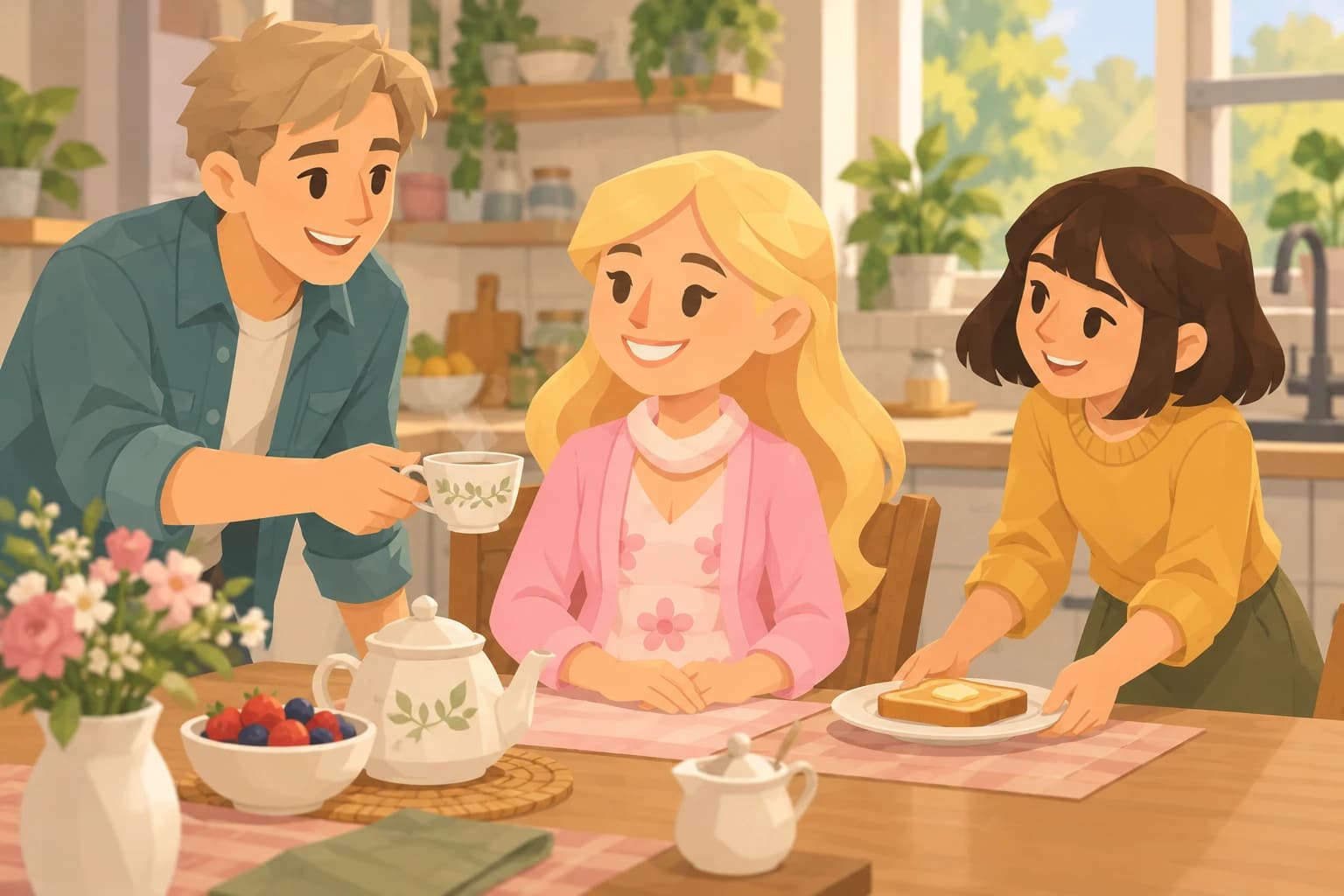 The Aide receives tea and toast from her brother and niece.