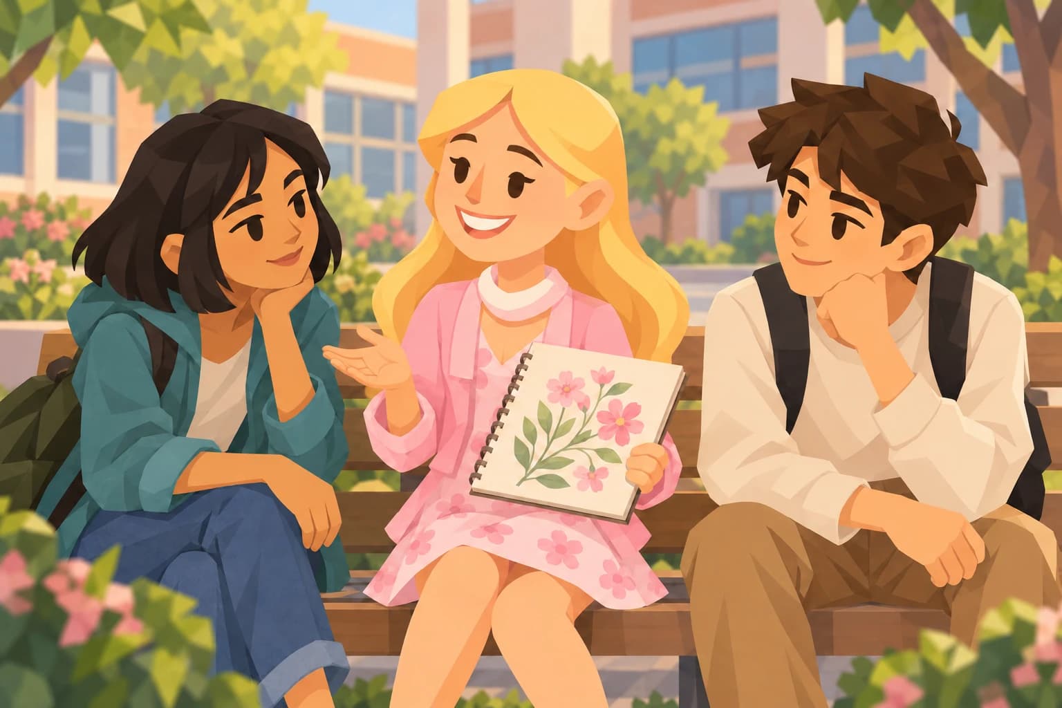 The teenage Aide shows flower drawings to two friends on a bench.