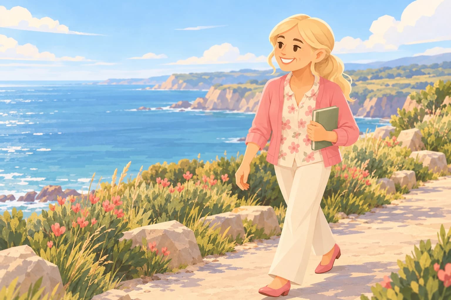 An older Aide walks along a coastal path with a closed sketchbook under her arm.