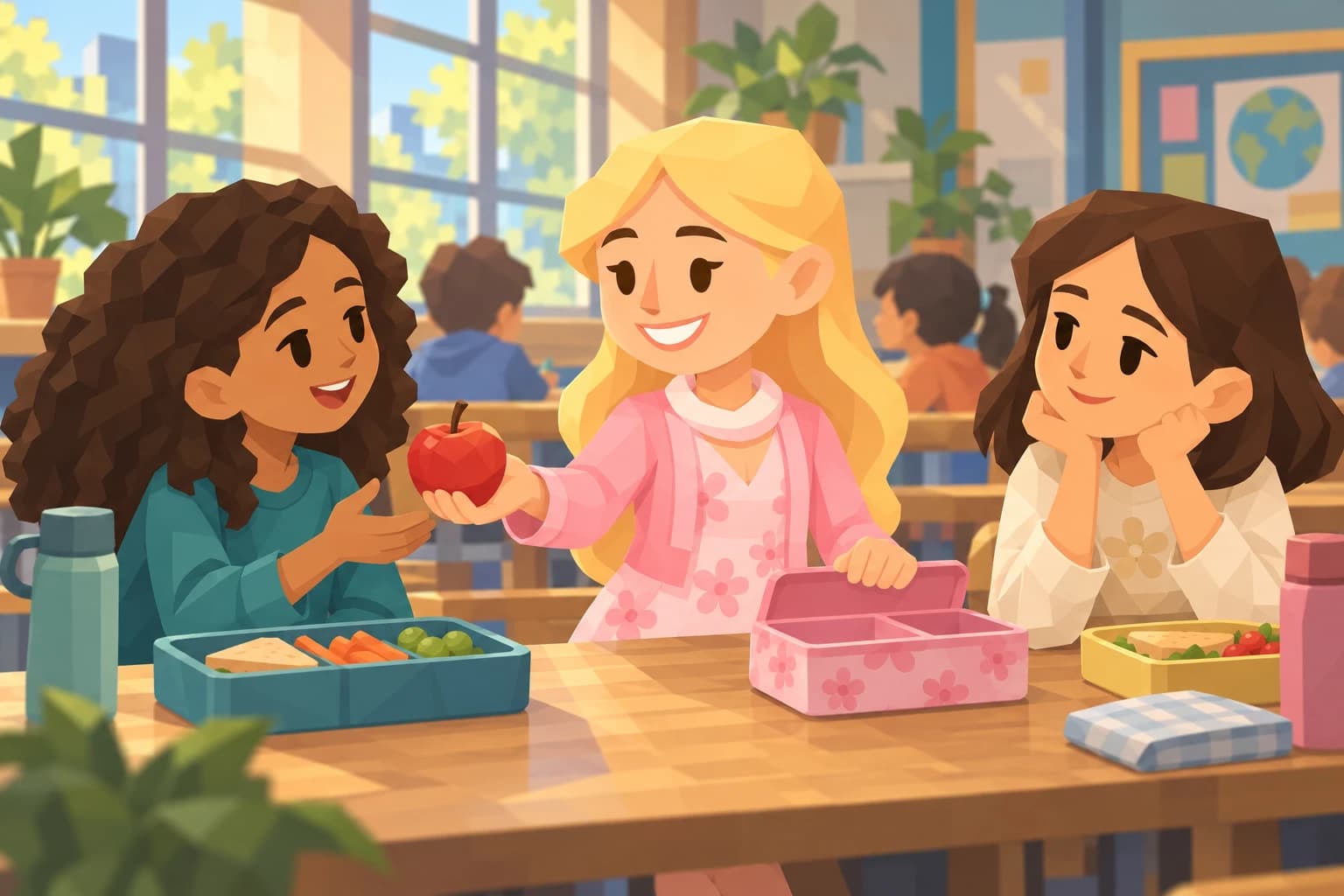The young blonde Aide offers an apple to a classmate at a school lunch table.