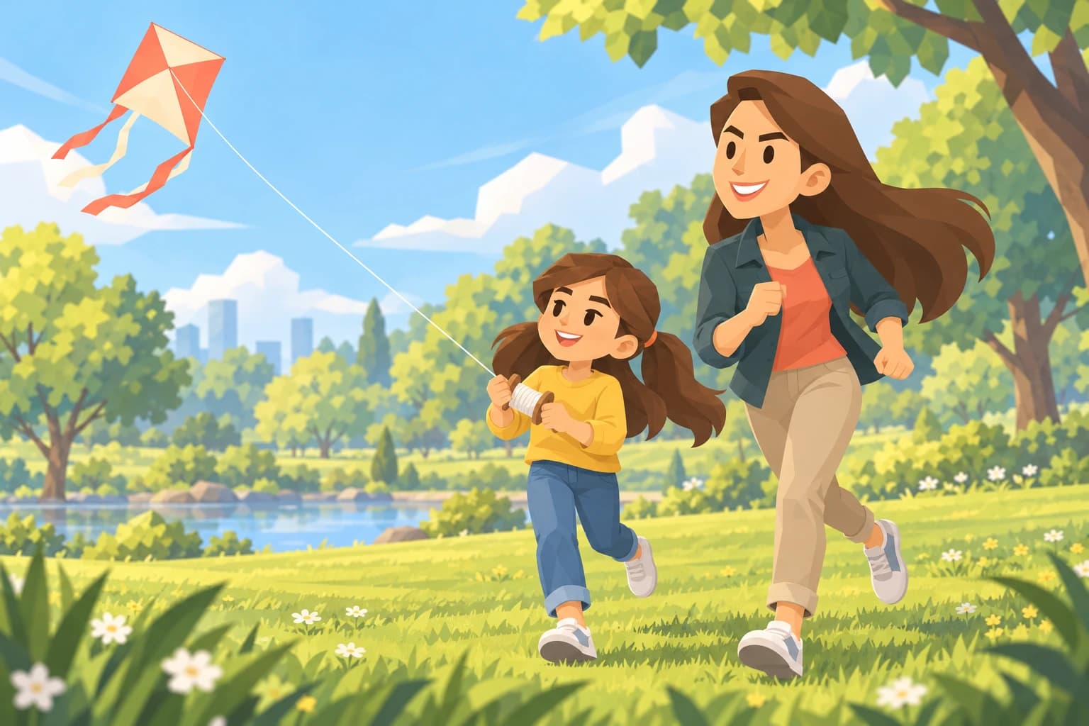 The Trailblazer runs beside her niece as the child flies a coral kite in a park.