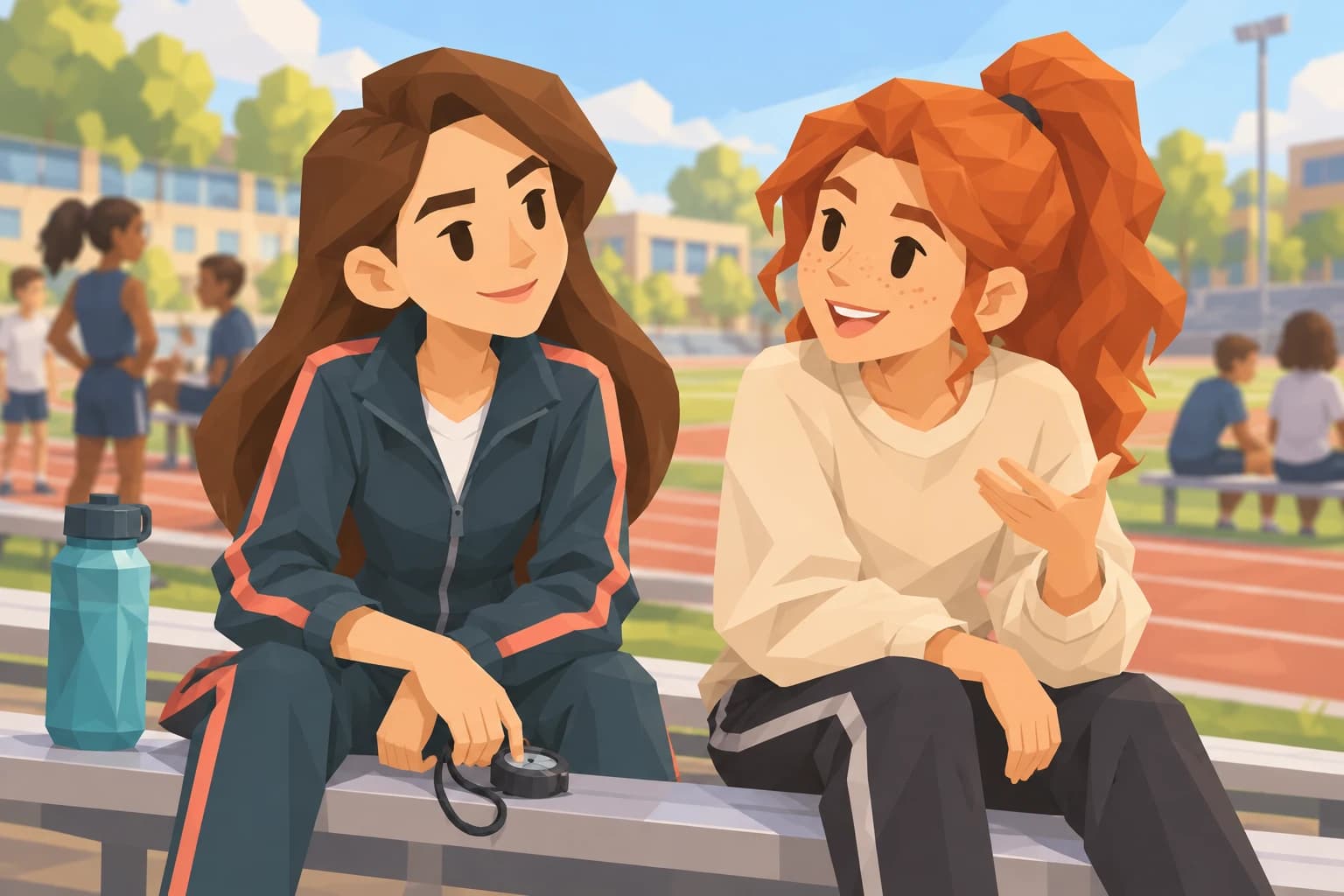 The teenage Trailblazer pauses track practice to listen to a friend.