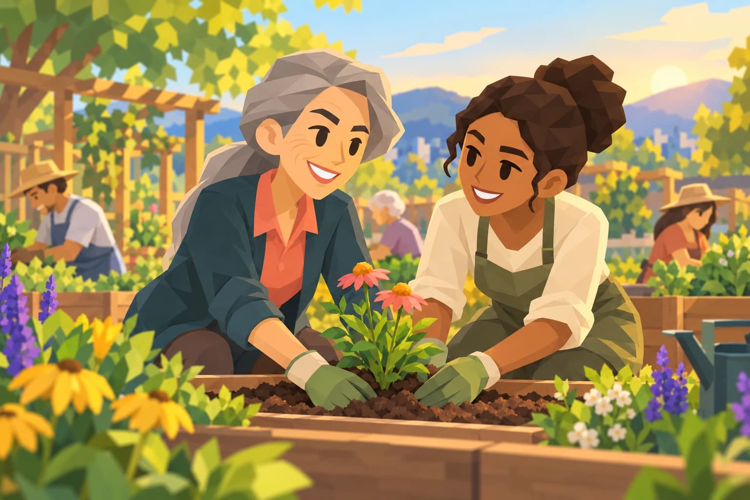 The silver-haired Trailblazer plants flowers with a younger community gardener.