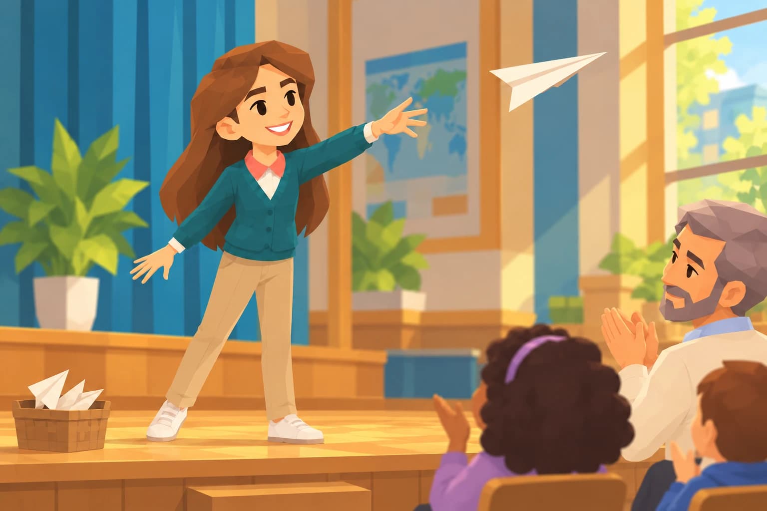 A young Trailblazer launches a paper glider from a school stage as her teacher and classmates watch.