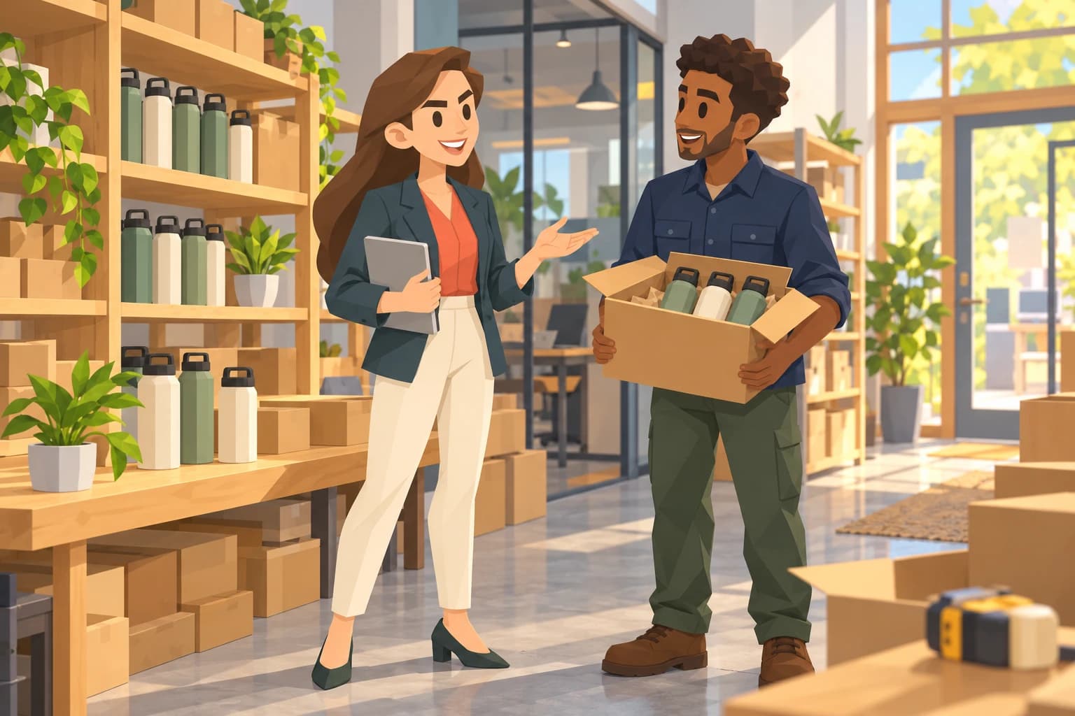 The Trailblazer founder speaks with an employee holding a shipment in her company's product studio.