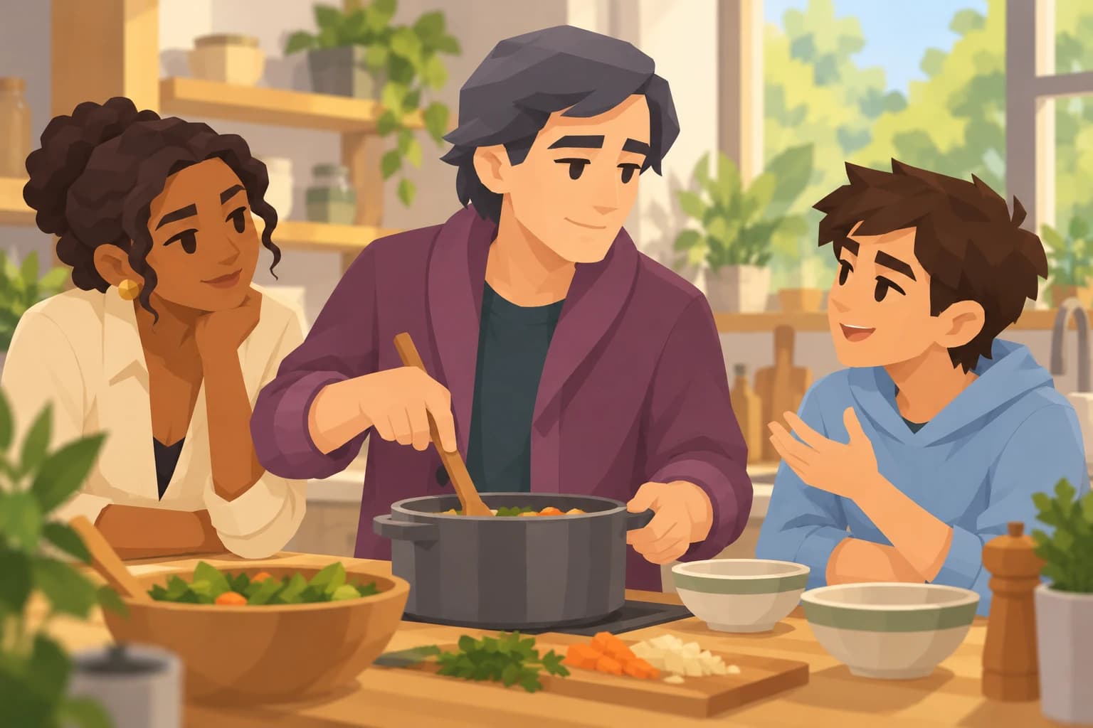 The male Muse stirs dinner while listening to family in a warm kitchen.