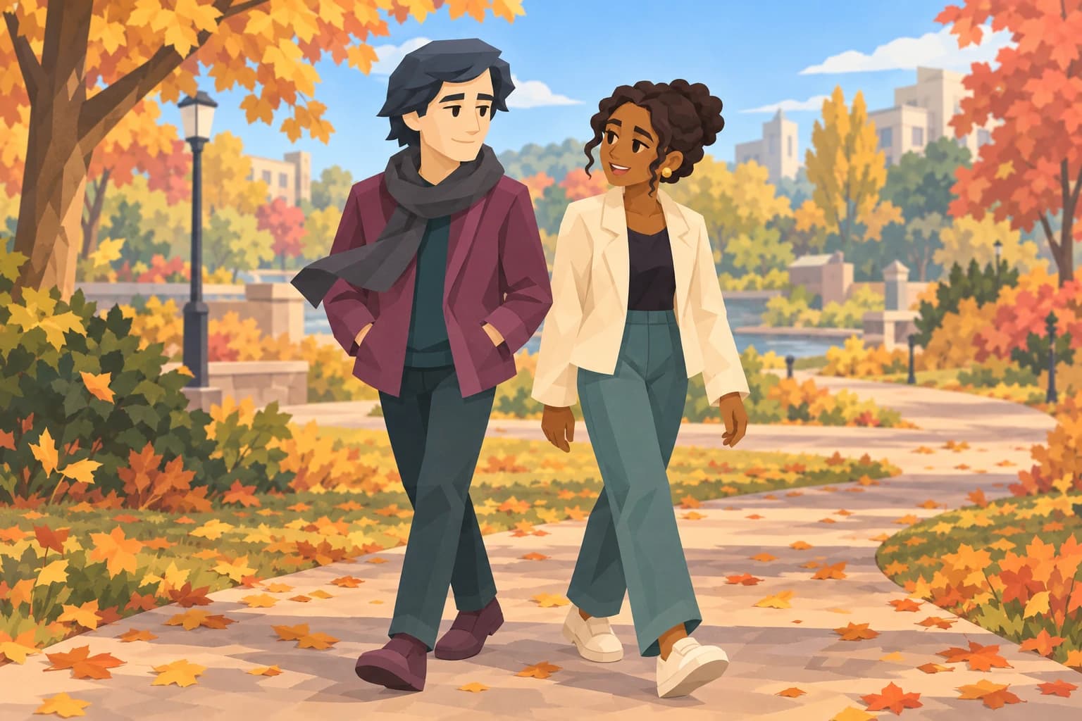 The teenage male Muse walks and talks with a friend along an autumn park path.