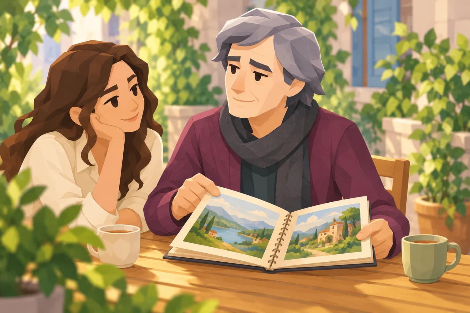 The silver-haired male Muse shares a sketchbook with a younger relative in a garden.