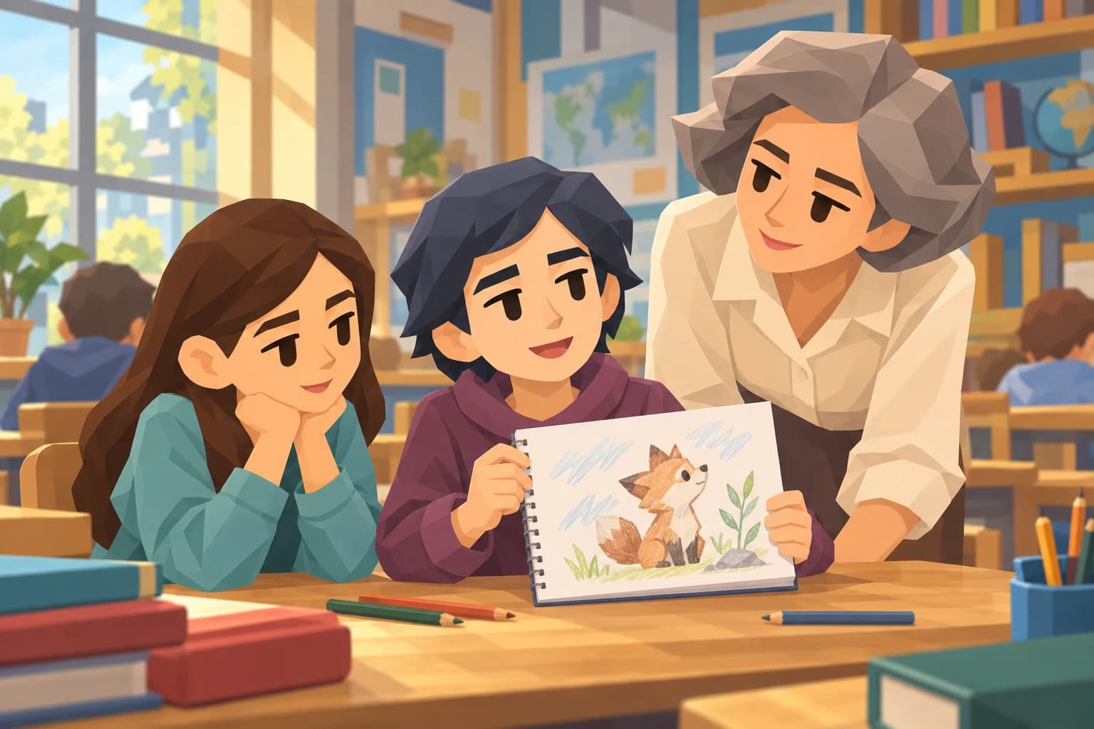 A young male Muse shows a fox drawing to a teacher and classmate.