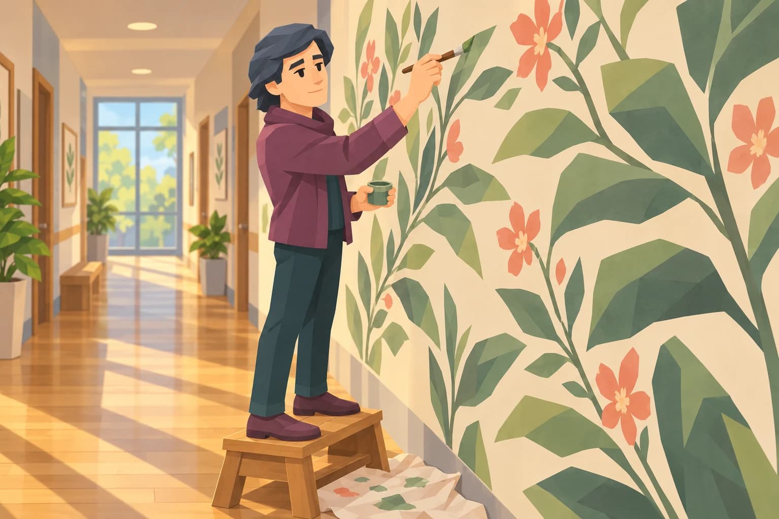 The male Muse stands on a low step painting a large botanical mural in a community hallway.