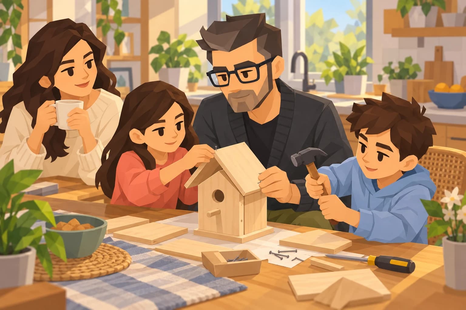 The male Scholar helps children assemble a birdhouse while a relative watches.