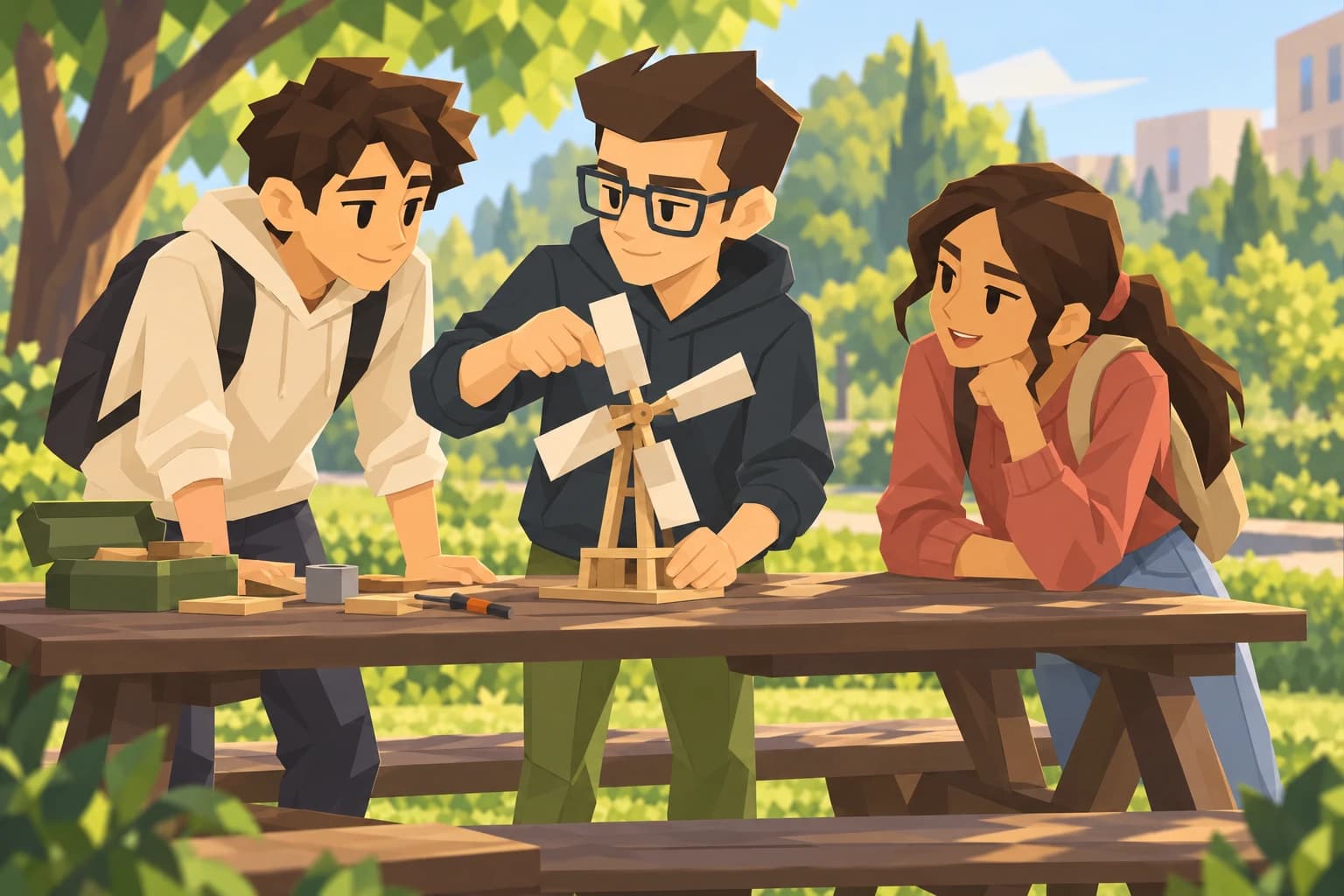 The teenage male Scholar tests a model windmill with friends at a park table.