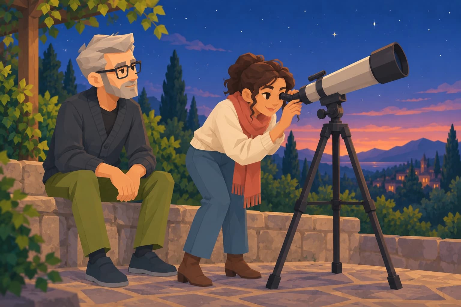 The elderly male Scholar sits beside a younger relative looking through a telescope on a terrace.