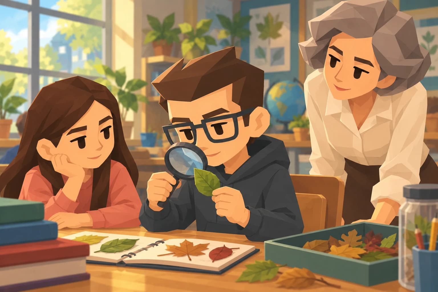 A young male Scholar examines a leaf with a magnifying glass beside a teacher and classmate.