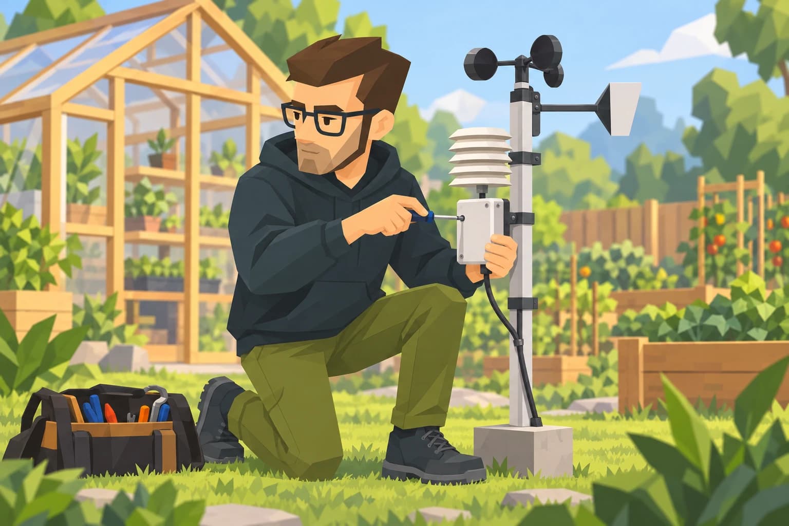 The male Scholar kneels beside a greenhouse installing a weather sensor.