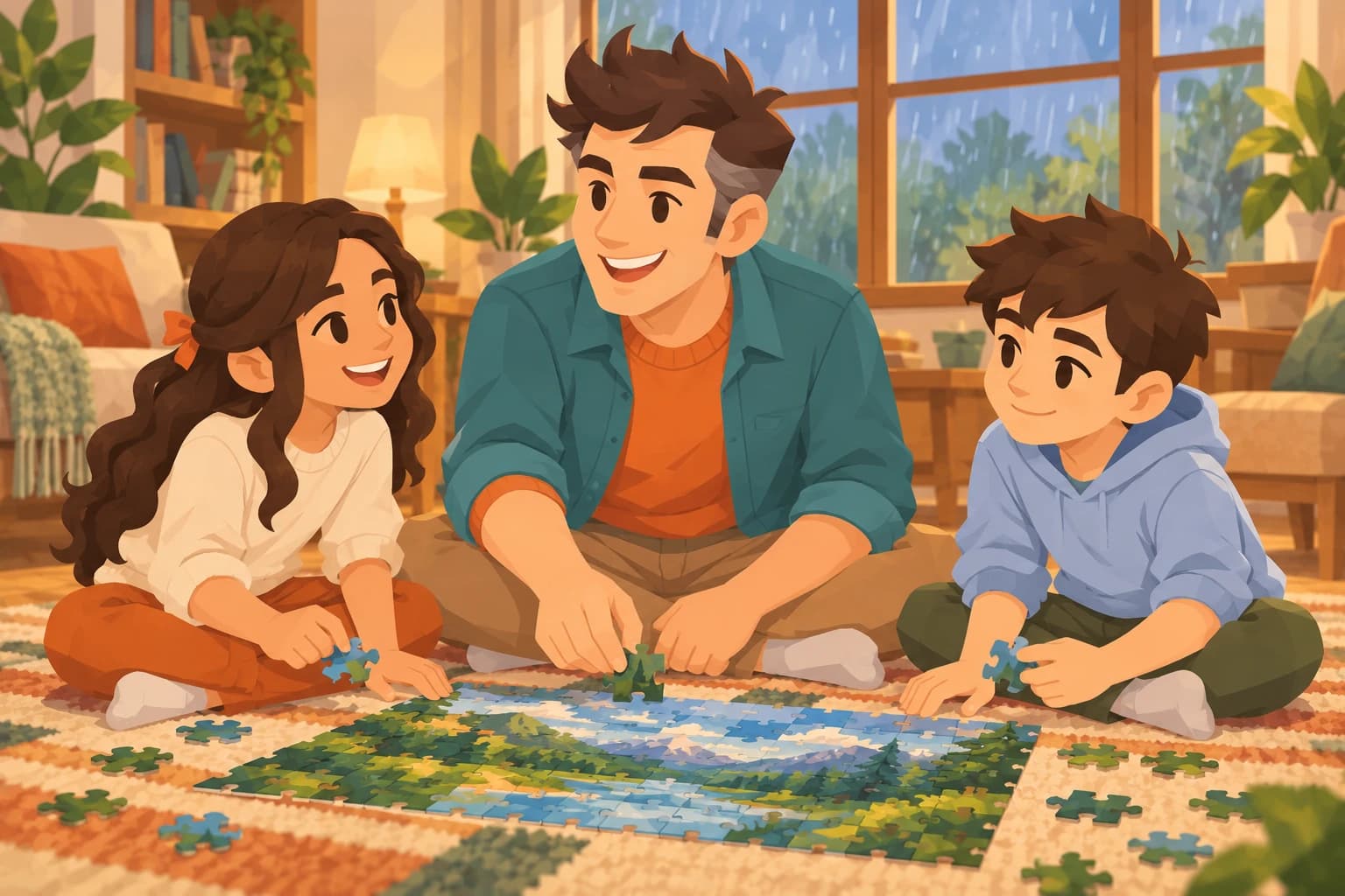 The male Spark sits on a rug completing a puzzle with children while rain falls outside.