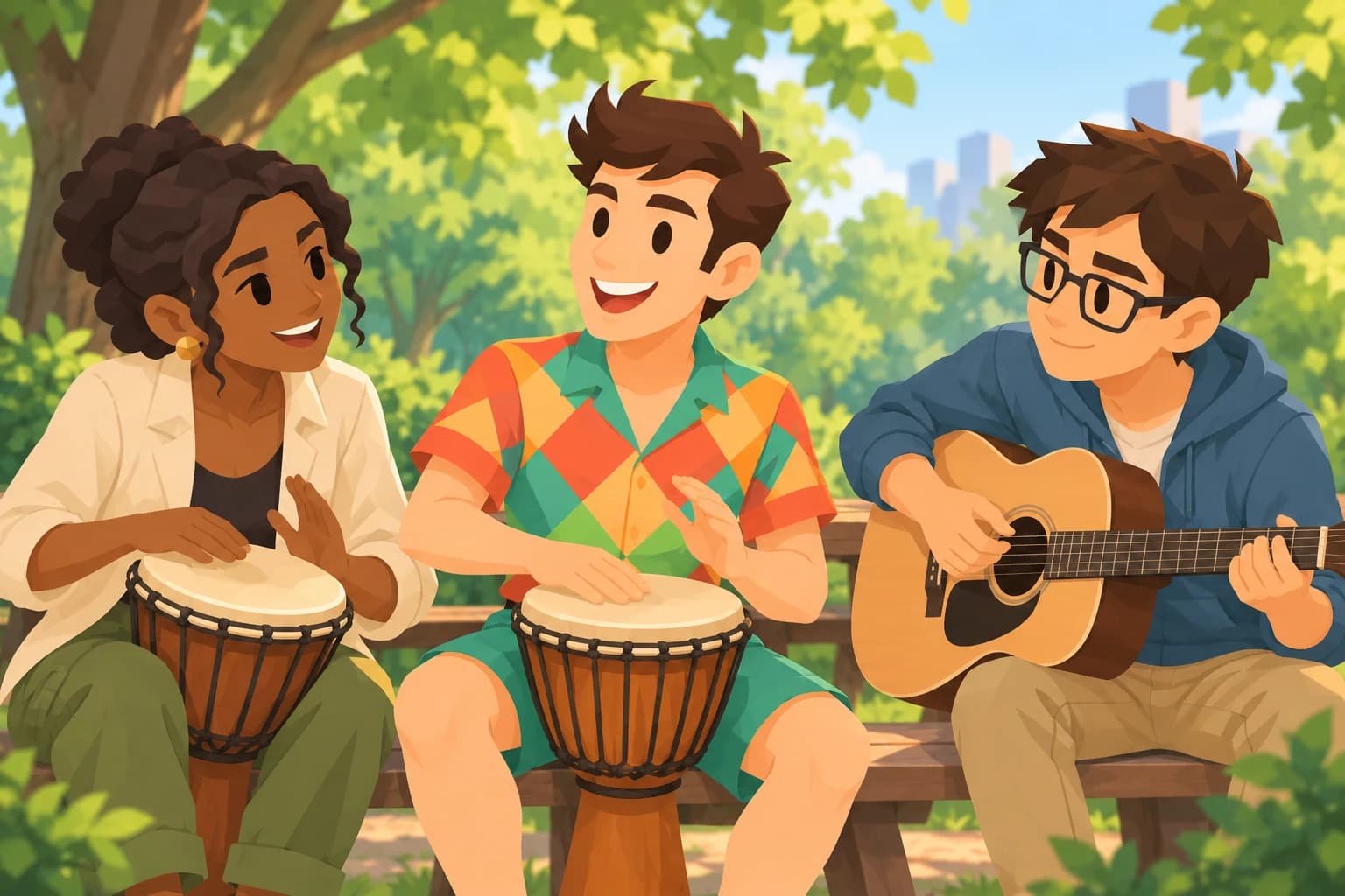 The teenage male Spark plays a hand drum with two friends making music in a park.