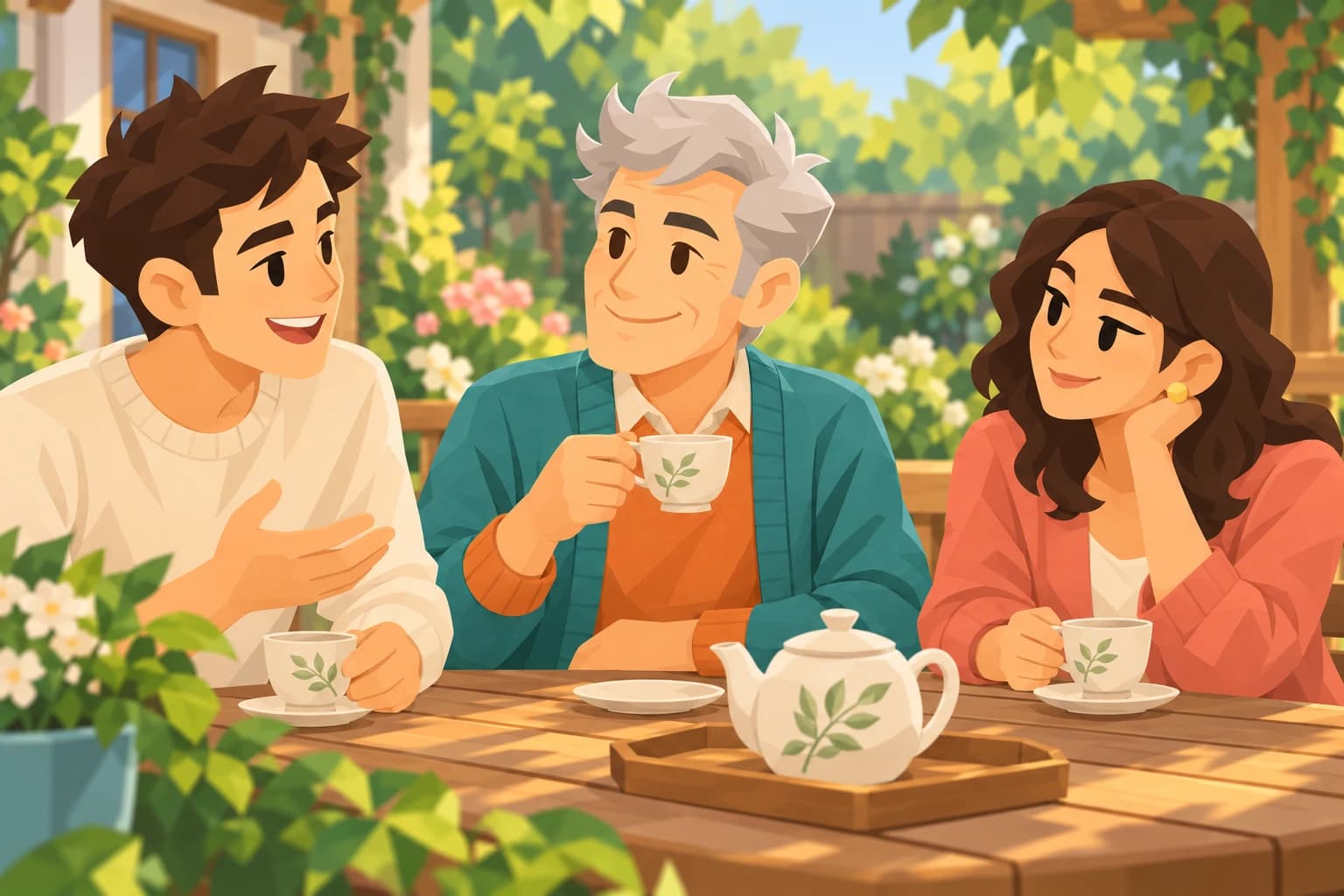 The silver-haired male Spark listens to younger relatives over tea in a garden.