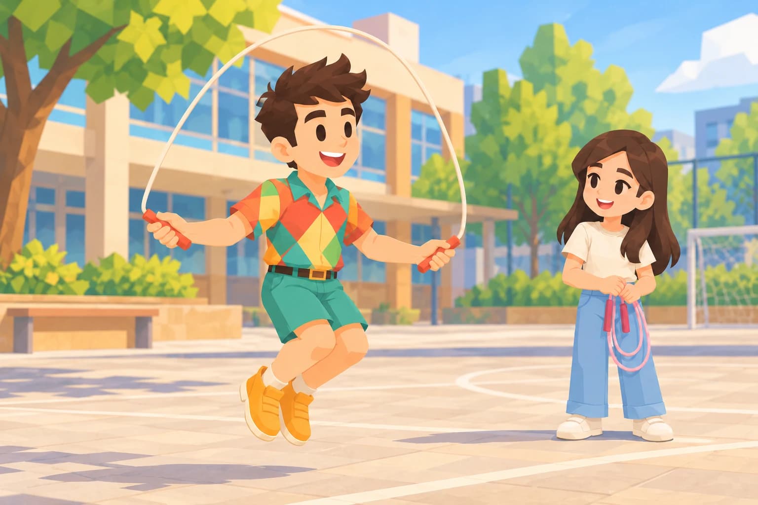 The young male Spark practices skipping rope while a classmate waits with her own rope.