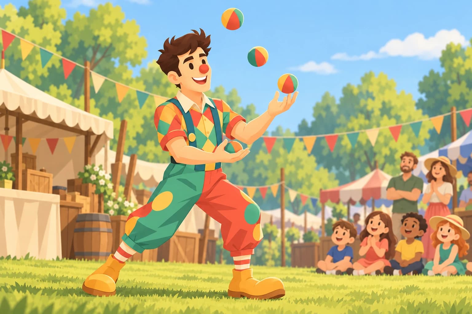 The male Spark performs as a cheerful clown, juggling at a community fair while families watch.