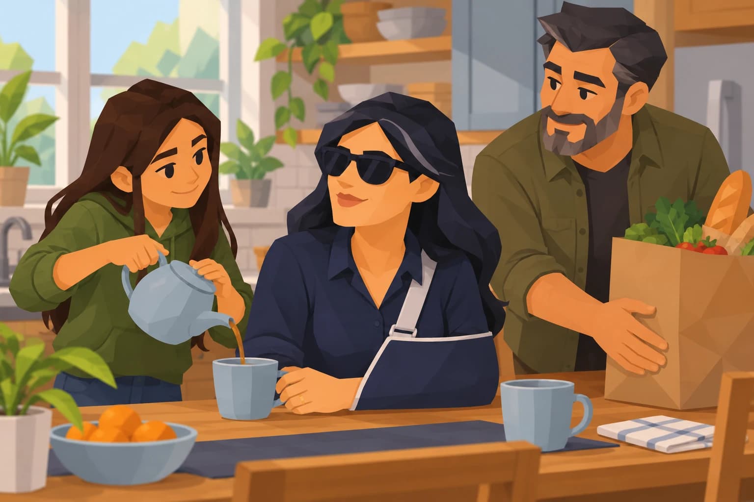 The middle-aged Kingpin, with an arm in a sling, accepts tea and groceries from her niece and brother.