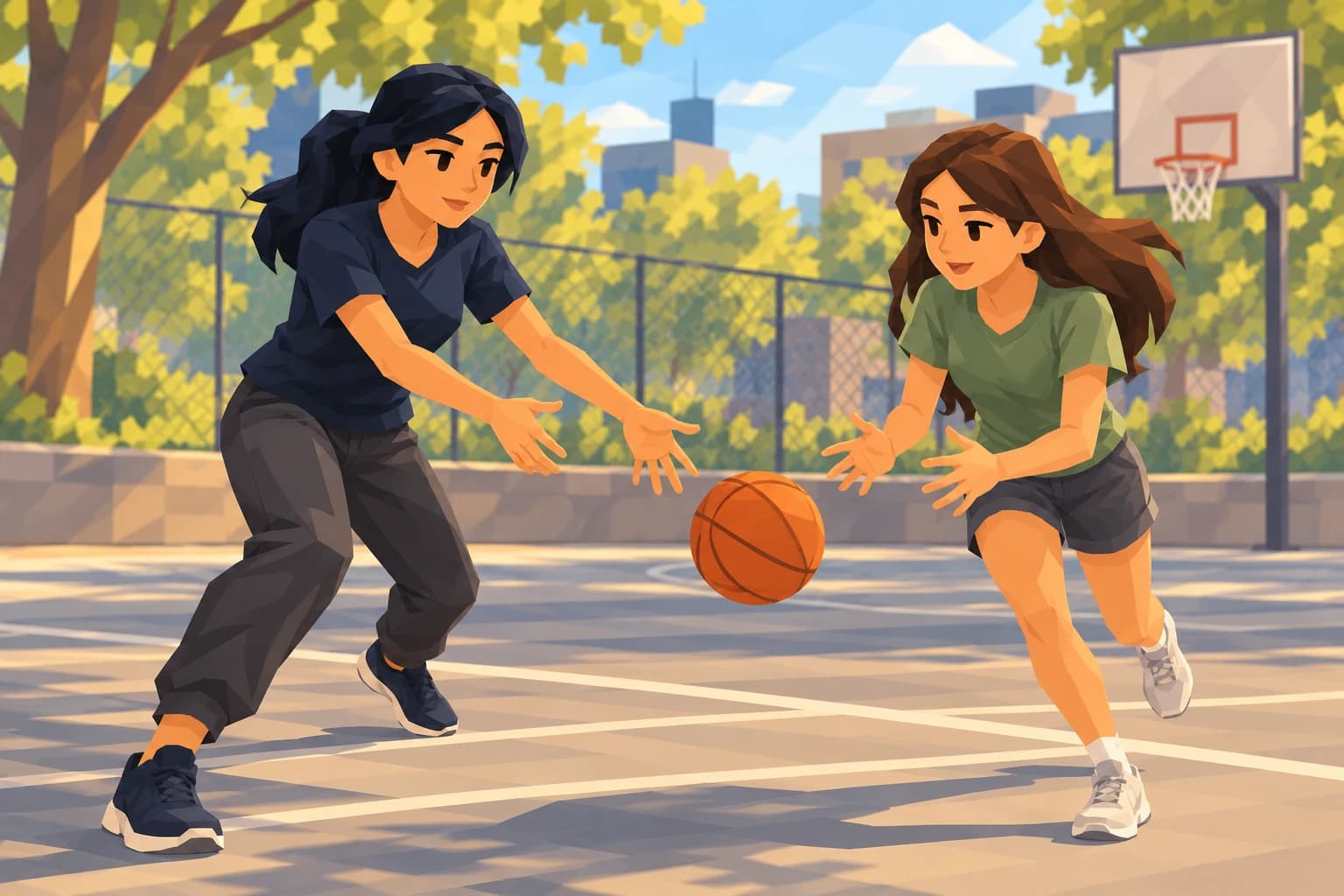 The teenage Kingpin passes a basketball to a friend during practice on an outdoor court.