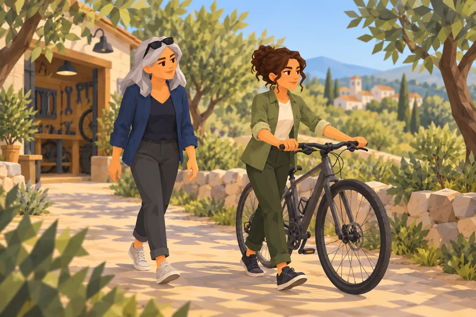 The retired Champ walks beside a younger bicycle-safety volunteer wheeling a repaired bicycle along a path.