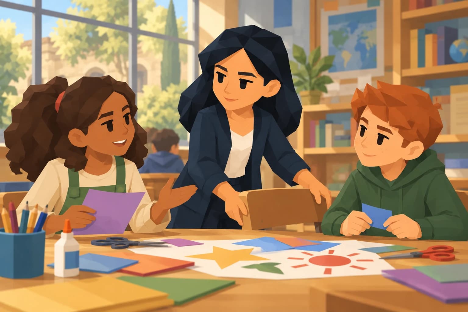 The young female Kingpin brings a chair to a classroom craft table with two classmates.