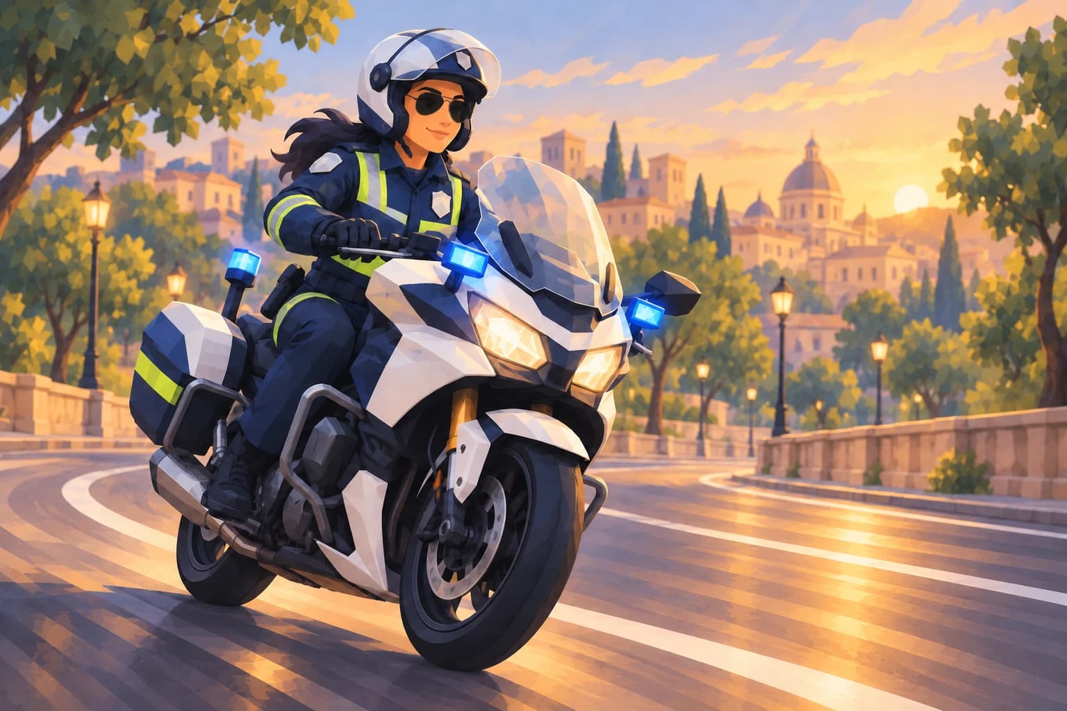 The Champ rides a police motorcycle at sunset wearing dark aviator sunglasses, a helmet, and navy uniform.