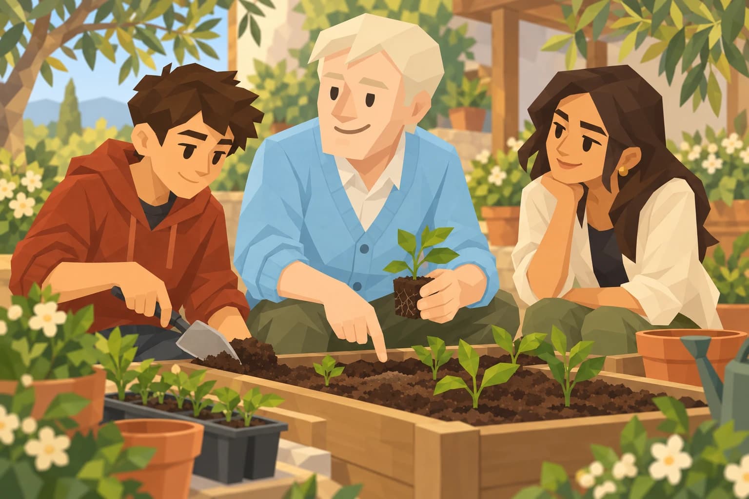 The middle-aged Consul plants a raised garden bed with his sister and nephew.