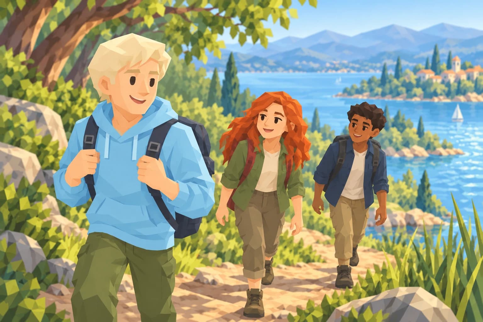 The teenage Consul leads two friends along a lakeside footpath.