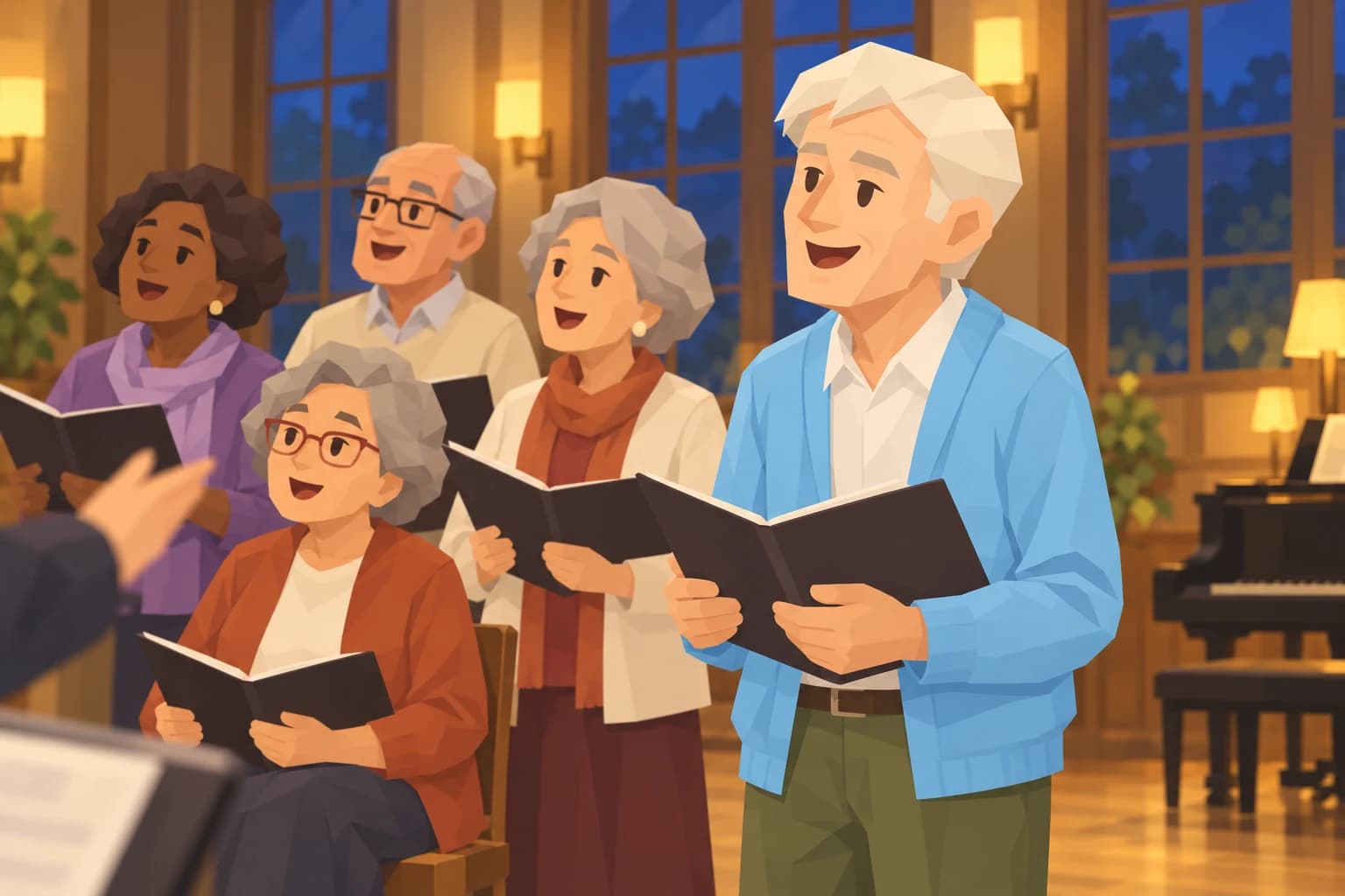 The elderly Consul sings with other older adults at an evening choir rehearsal.